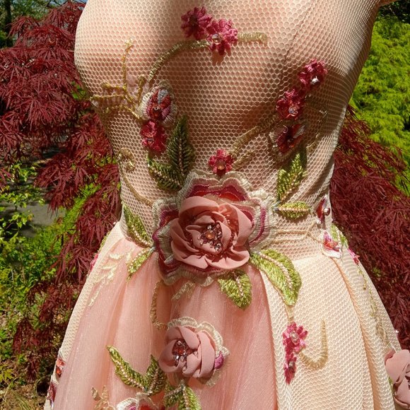 Floral Gown Off the Shoulder Straps Puffy A line Hand Made Floral Dress - Picture 3 of 10